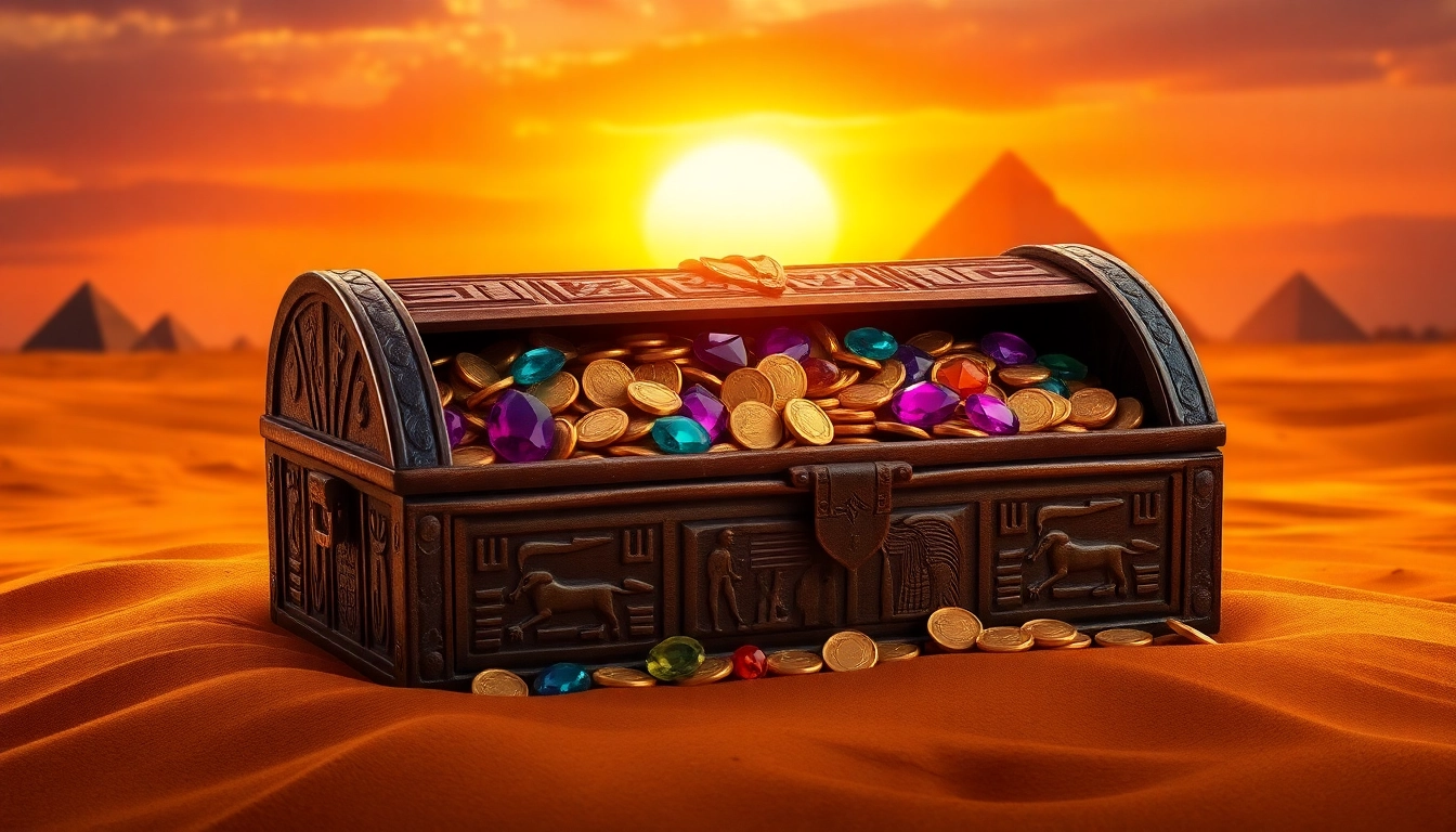 Unearth treasures from King Solomon's Mine in a detailed illustration of a golden chest in the desert.