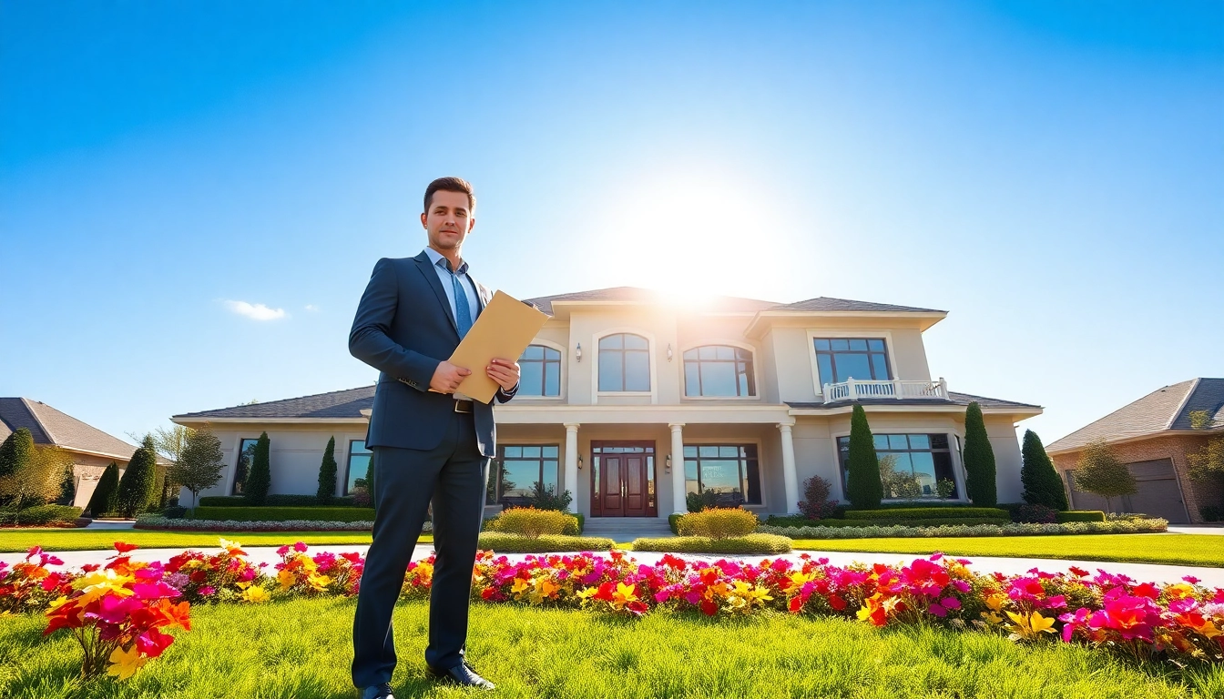 Engaging real estate agent presenting impressive luxury real estate property surrounded by an attractive garden.