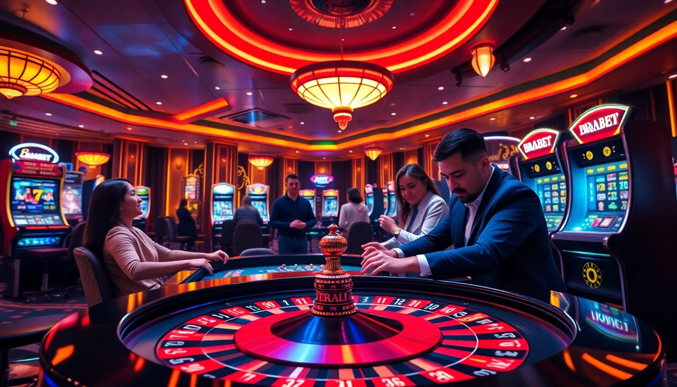 Players enjoying exciting games at BRABET online casino, featuring colorful slot machines and betting tables.