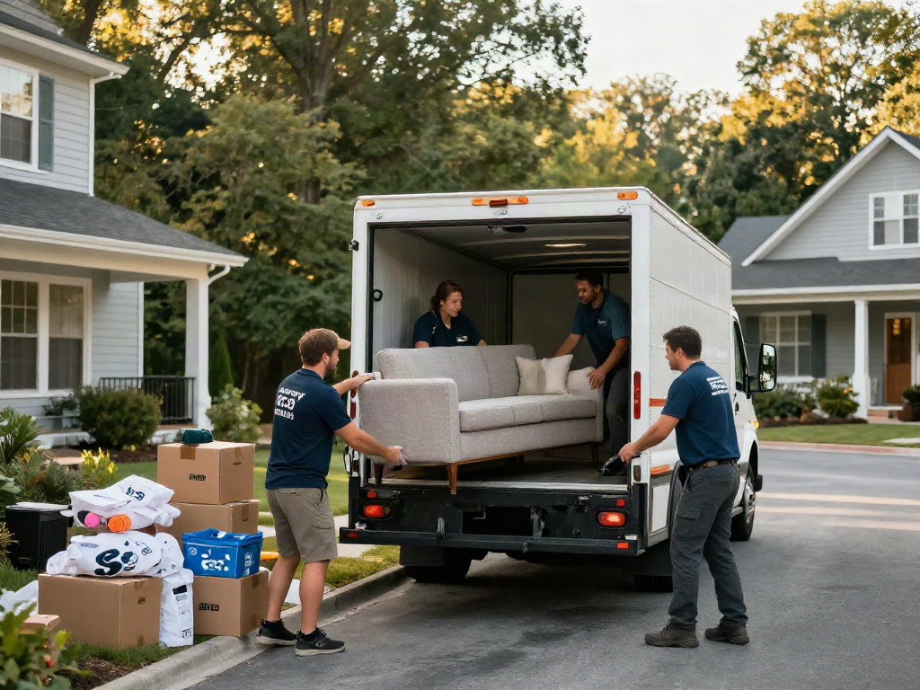 Ashville moving company assisting with a family move by loading furniture into a modern truck in a vibrant neighborhood.