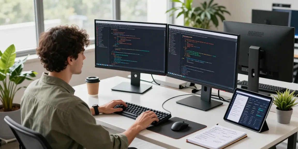 Developer coding 纸飞机中文版 app at a modern office desk with dual monitors and tech gadgets.