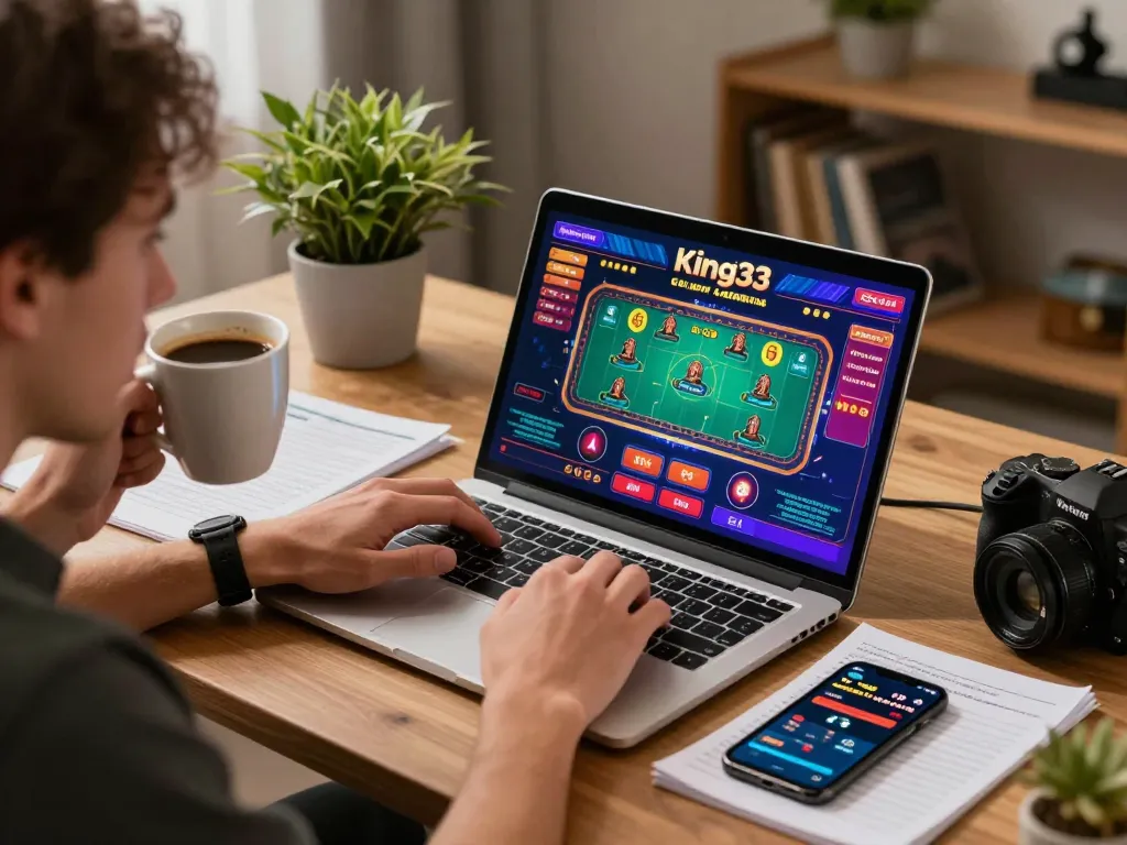 Engaged player enjoying King33 casino games on laptop in modern home setup