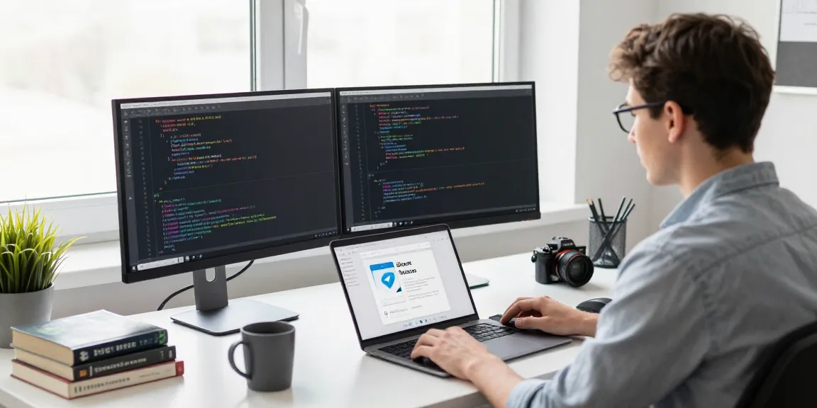 Developer using dual monitors to showcase 纸飞机下载 app in modern tech workspace.