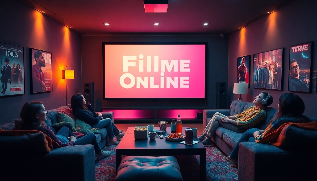 Friends enjoying movie night with Filme Online on the screen.