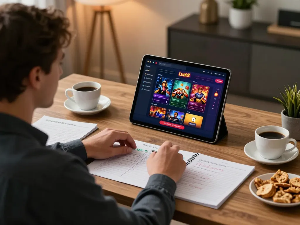 Engaging online gaming experience on luck8 tablet in a stylish home office.