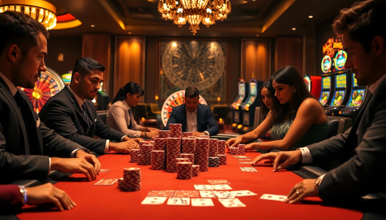 Players strategizing at a high-stakes poker table in the dazzling atmosphere of XX88 casino.