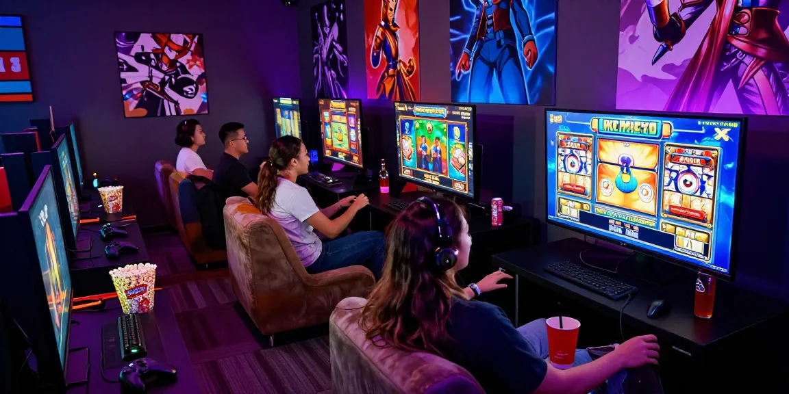 Friends enjoying a night of gaming with a pragmatic slot game in a vibrant gaming lounge.