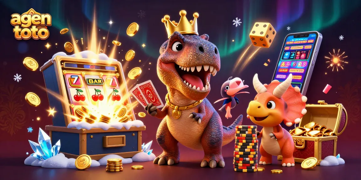 Experience excitement with agen toto as dinosaurs enjoy casino thrills in a colorful, vibrant setting.