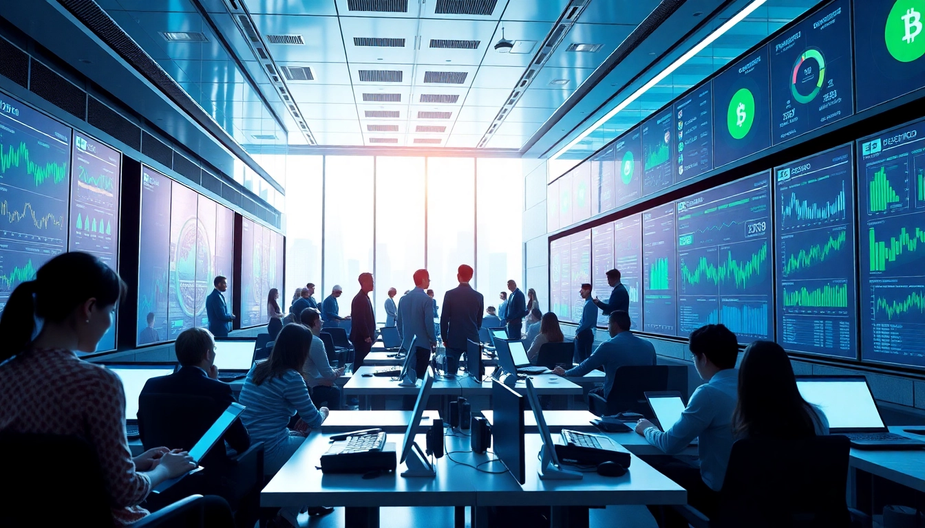 Dynamic scene of individuals engaging in cloud mining within a modern office filled with high-tech devices.