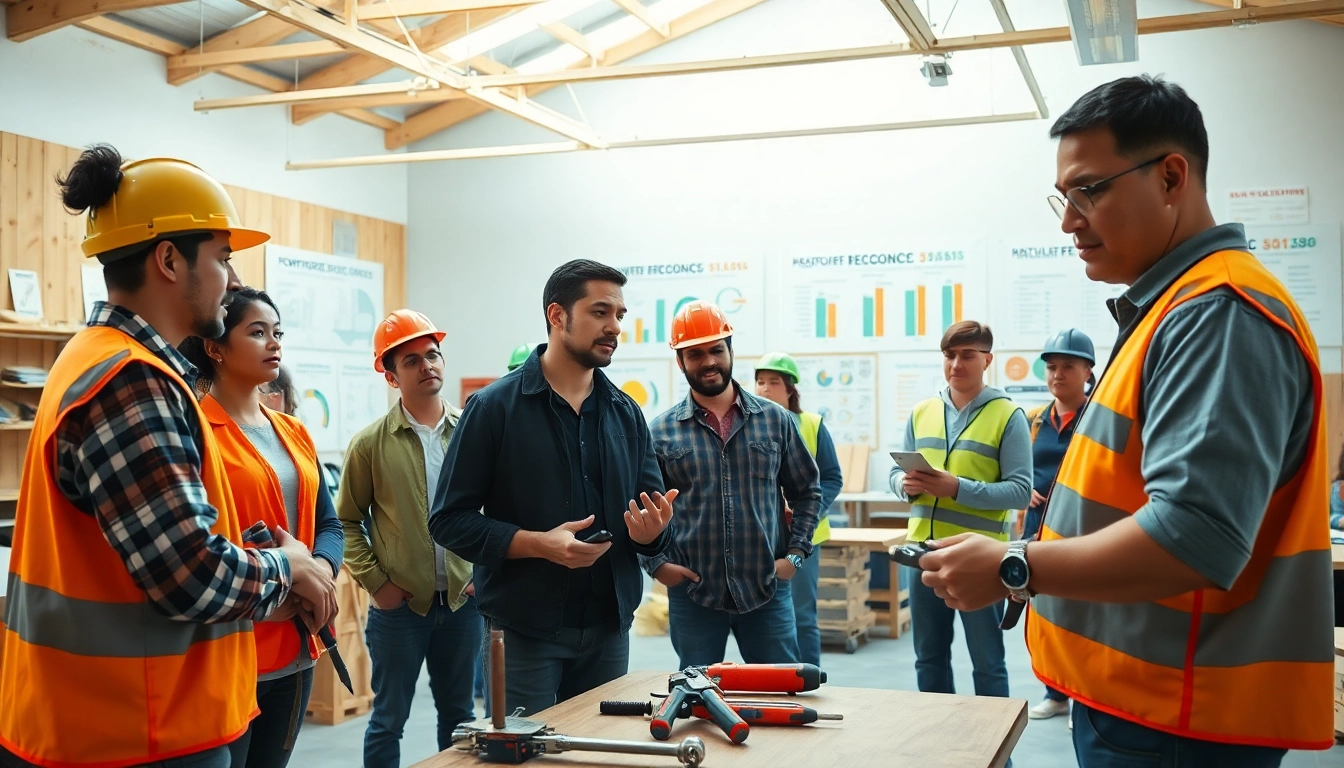 Engaged trainees participating in construction workforce development training in a bright workshop.