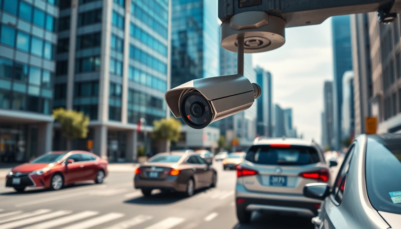 Automatic license plate recognition system capturing vehicle details in an urban setting.