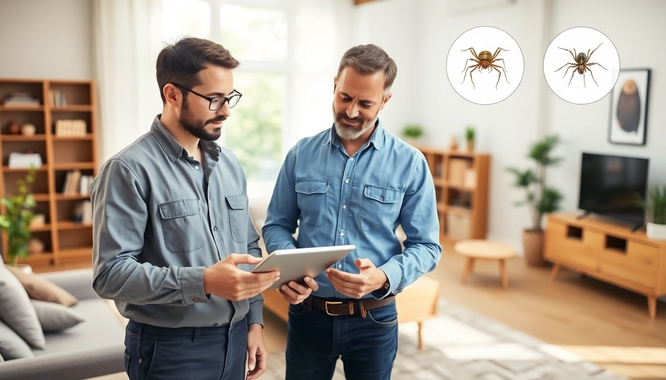 Applying monthly pest protection with a technician inspecting a home for common pests.
