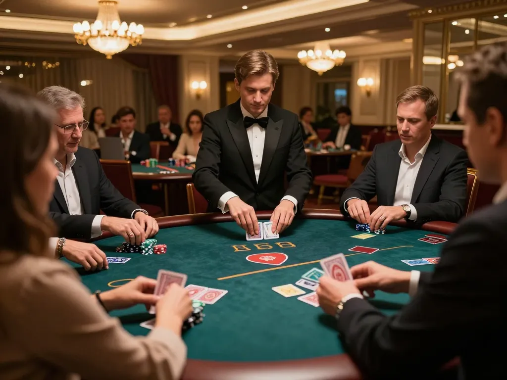 Hoki88 login alternatif, pemain merancang strategi selama permainan poker yang intens dengan kartu dan chip di meja.