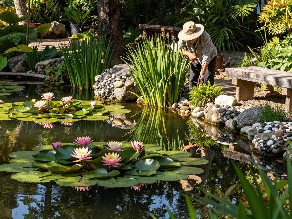 Buy Water Lilies in a tranquil garden with blooming flowers and a gardener at work