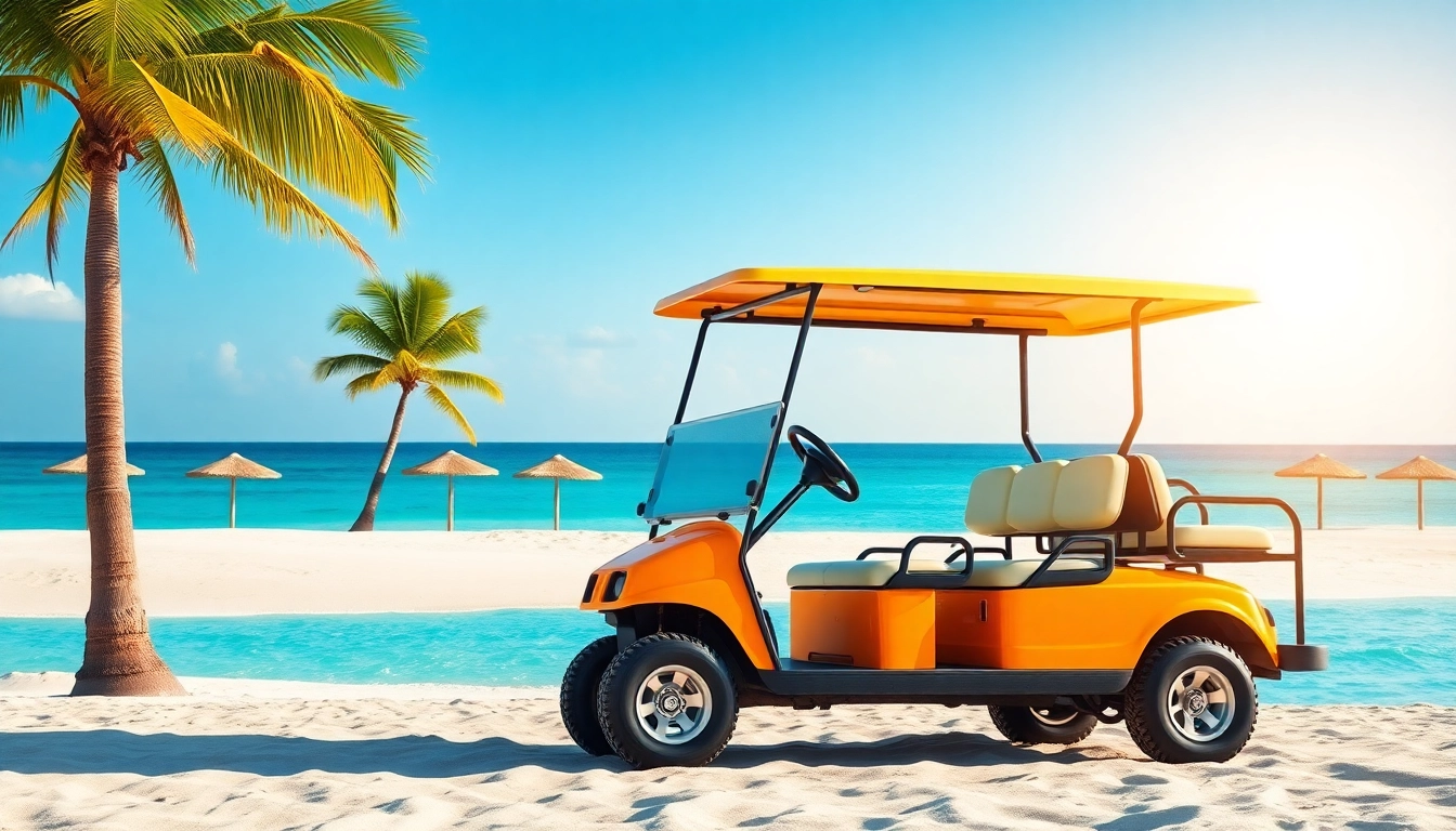 Rent a vibrant golf cart for your San Pedro Belize Golf Cart Rental adventure on the beach.