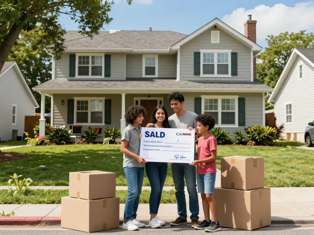 Sell my house fast for cash with a happy family standing outside their home holding an offer envelope amidst a sunny neighborhood.