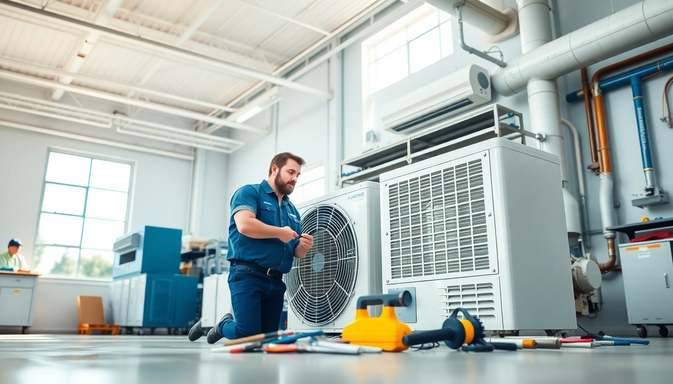 AquaForce Mechanical technician inspecting a modern HVAC unit in a bright workshop.