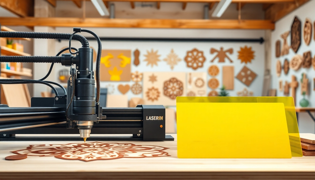 Showcasing innovative laser cutting designs for wood and acrylic in a vibrant workshop.