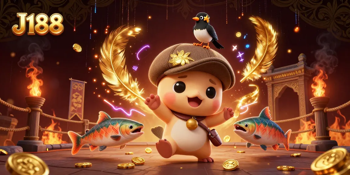 Engage in thrilling J188 casino games with a playful baby Nessie and dynamic gold elements.