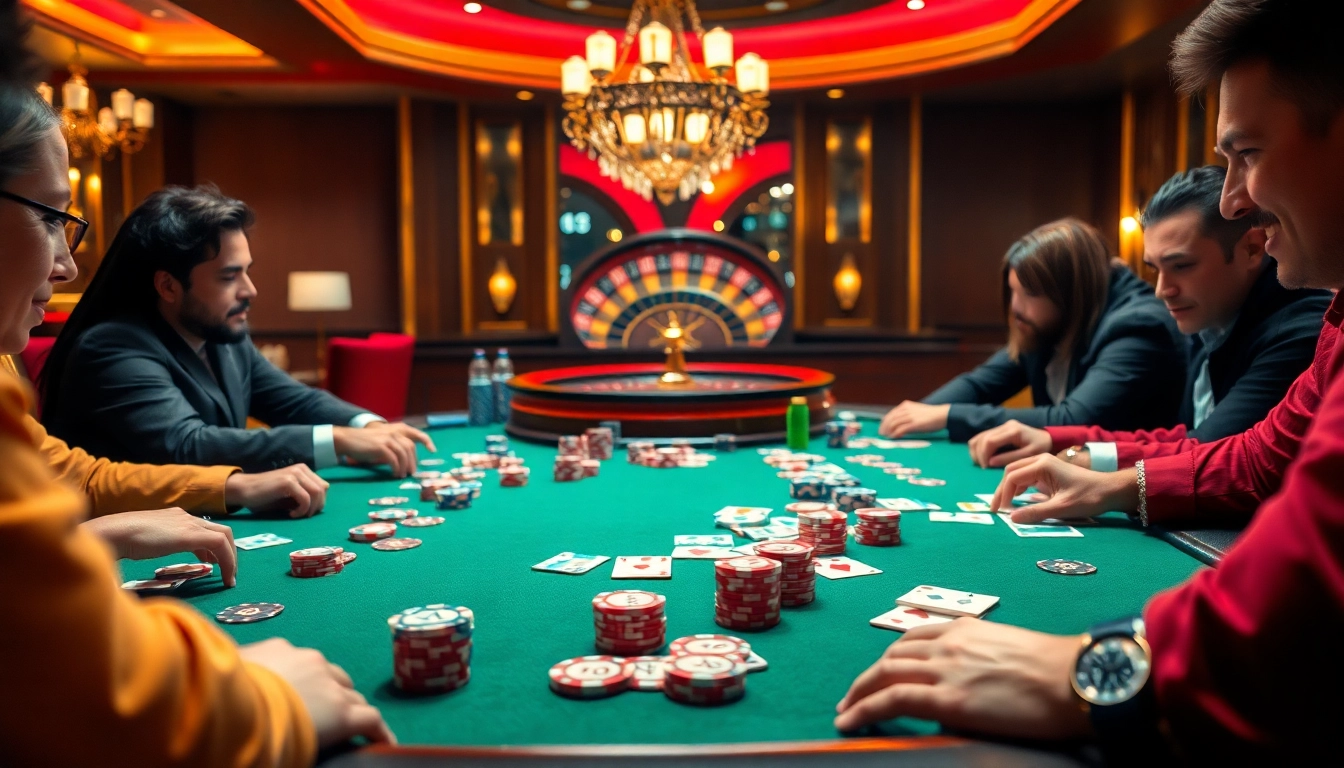 Engage in thrilling poker at https://king88.fast/, highlighted by vibrant chips and a roulette wheel.