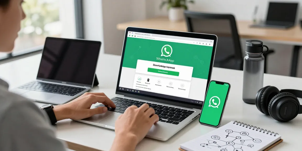 Downloading WhatsApp下載 on a laptop in a modern tech workspace with phone and gadgets.