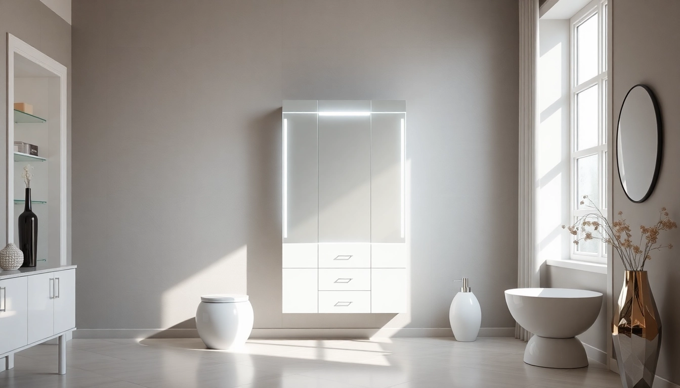 Entdecken Sie den eleganten Spiegelschrank mit LED Beleuchtung für moderne Badezimmergestaltung.