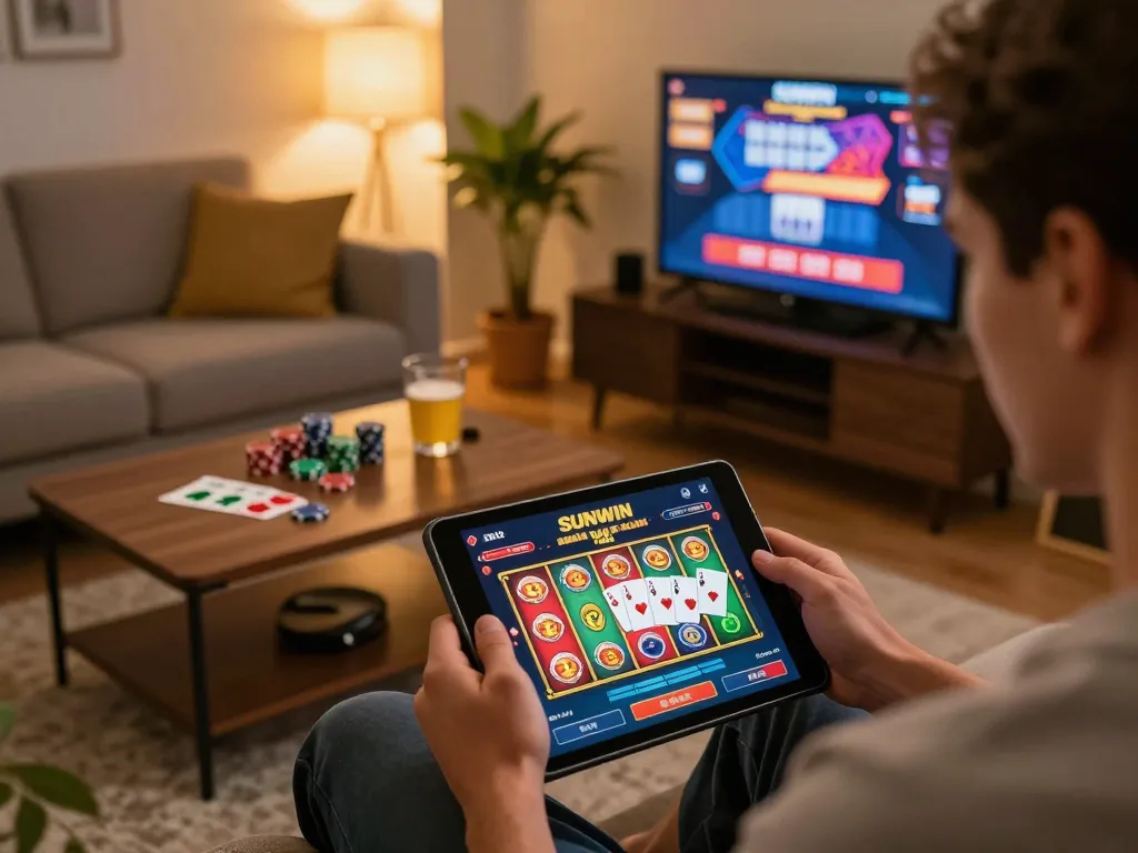 Engaging with SUNWIN LINK app for online casino gaming on a tablet in a cozy home setting.