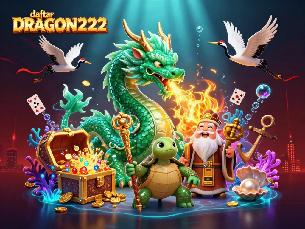 Experience thrilling moments with daftar DRAGON222, showcasing a jade dragon and lucky symbols in a vibrant casino scene.