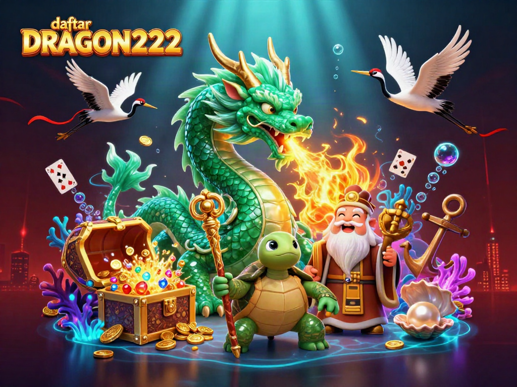Experience thrilling moments with daftar DRAGON222, showcasing a jade dragon and lucky symbols in a vibrant casino scene.
