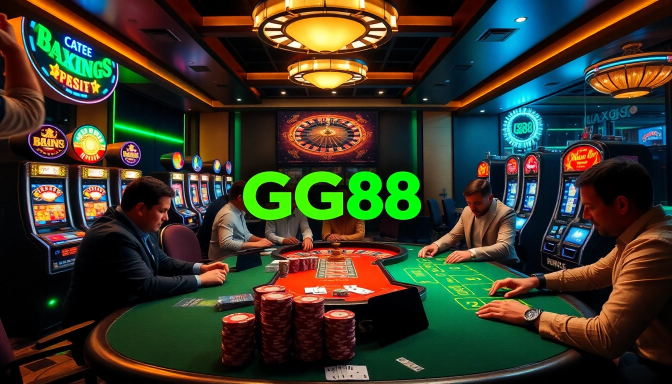 Experience the thrilling fun at GG88 casino with players engaged in poker and slot games.