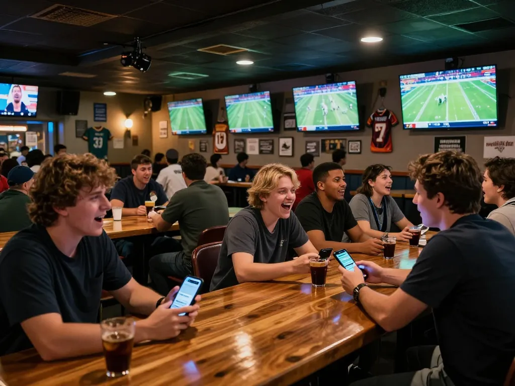KQBD: Excited patrons at a sports bar engaging in live football betting.