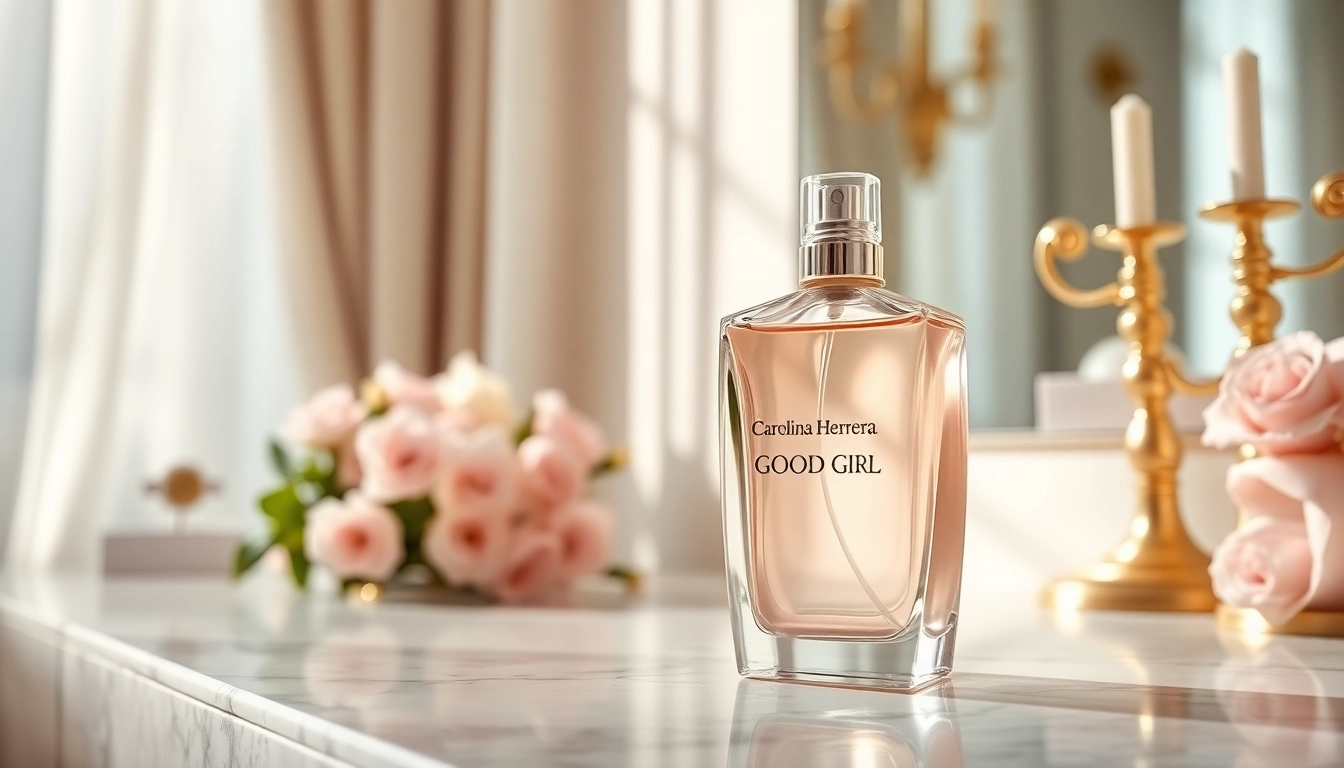 Showcase of Carolina Herrera Good Girl perfume bottle, emphasizing its elegant design and floral setting.