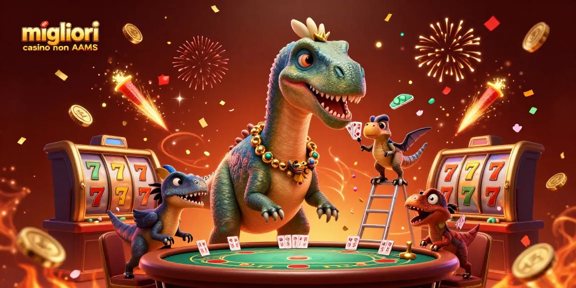 Scopri i migliori casino non AAMS mentre un brontosauro gigante guarda il tavolo da poker.