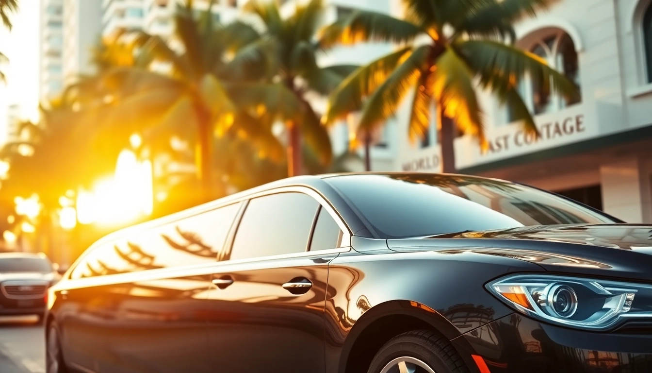 Limo service in Miami parked elegantly in a vibrant city setting, showcasing luxury and ease of travel.