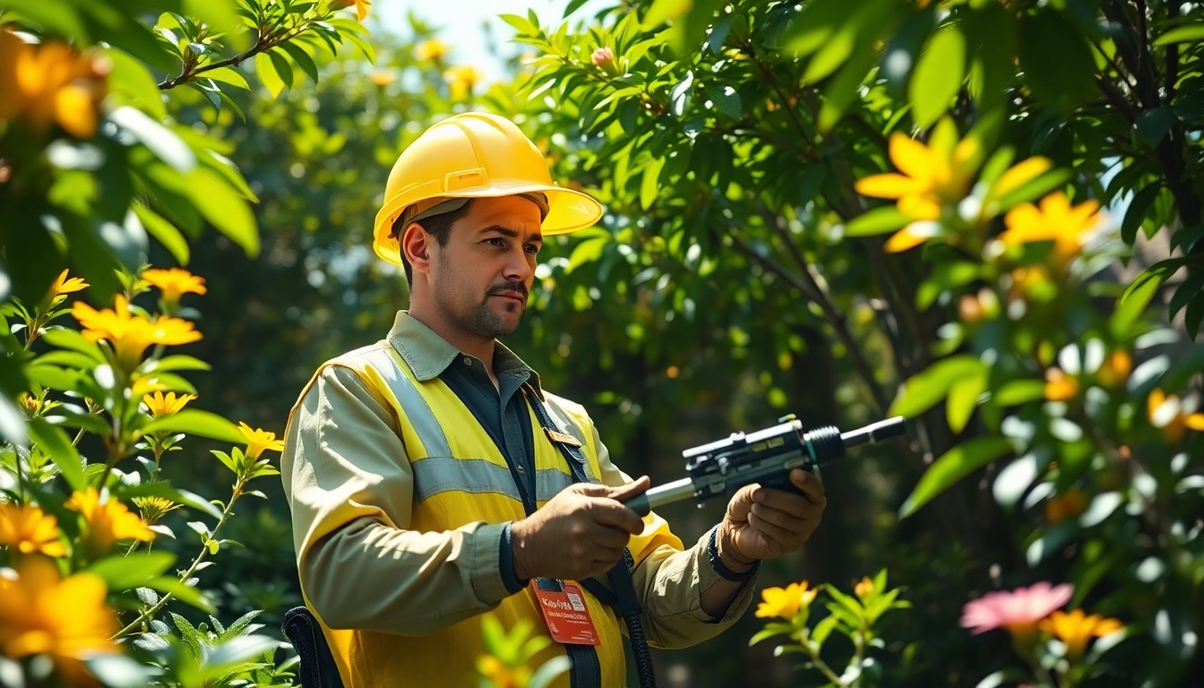 Applying monthly pest protection by a technician in a bright garden, ensuring healthy plants.