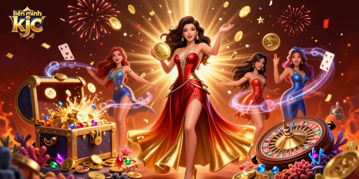 Experience gaming excitement with liên minh kjc, showcasing a glamorous player amid coins and winning elements.