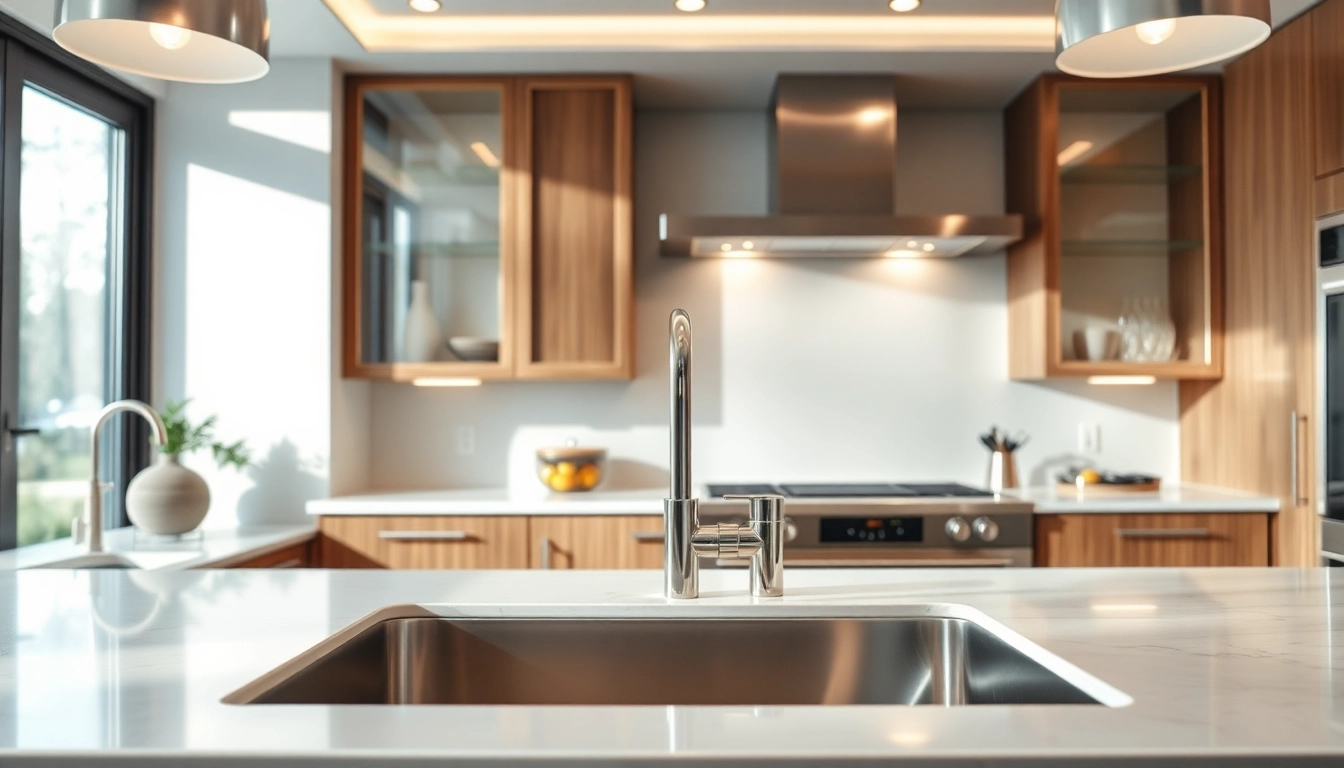 Steel sink positioned in a modern, well-lit kitchen with elegant cabinetry and warm tones.