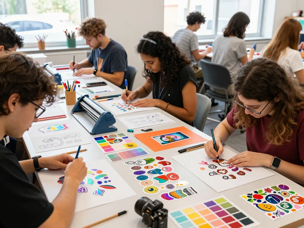 Creative artists designing custom stickers in a bright workshop.