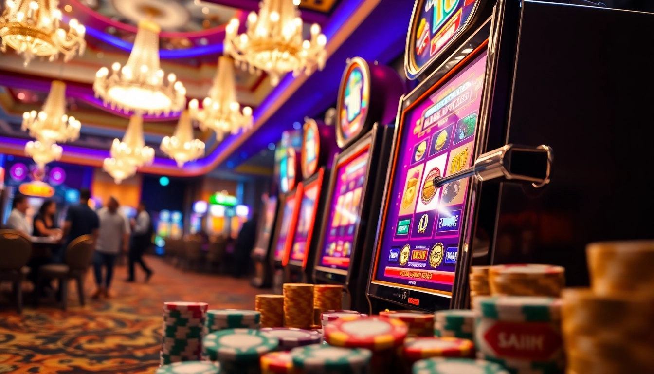 Main game bandar slot dengan pemain bersemangat menarik tuas, chip dan kartu berserakan.