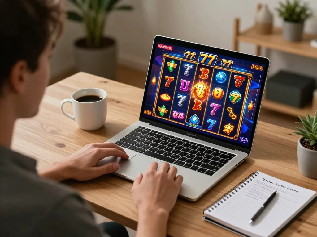 Engaging scene of a player enjoying slot77 online game on laptop, showcasing strategic gaming at home.