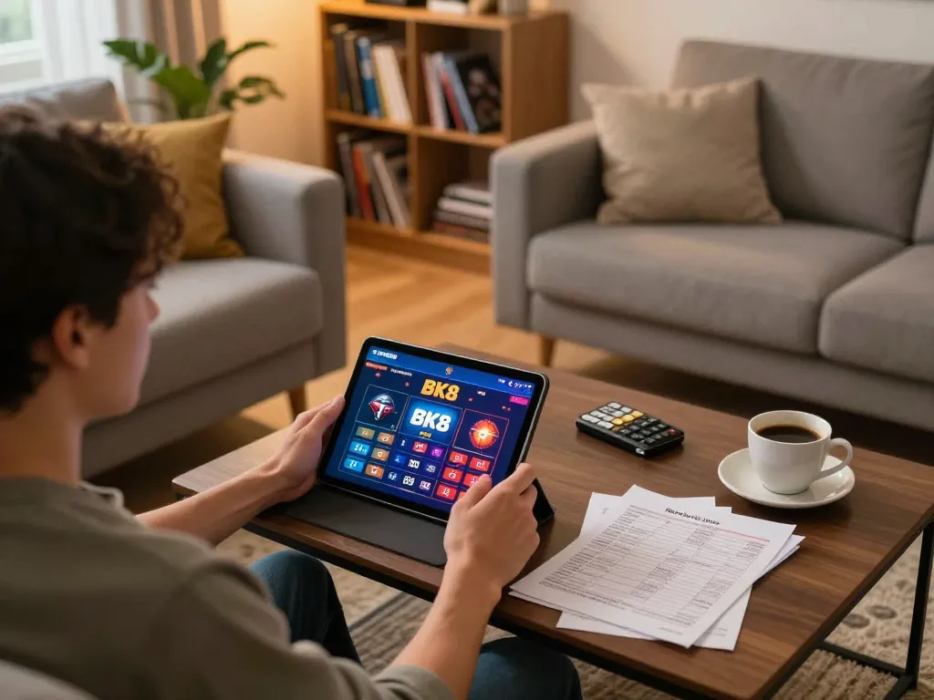 Person engaging in BK8 online casino gaming, showcasing a vibrant home atmosphere with a tablet and strategy notes.
