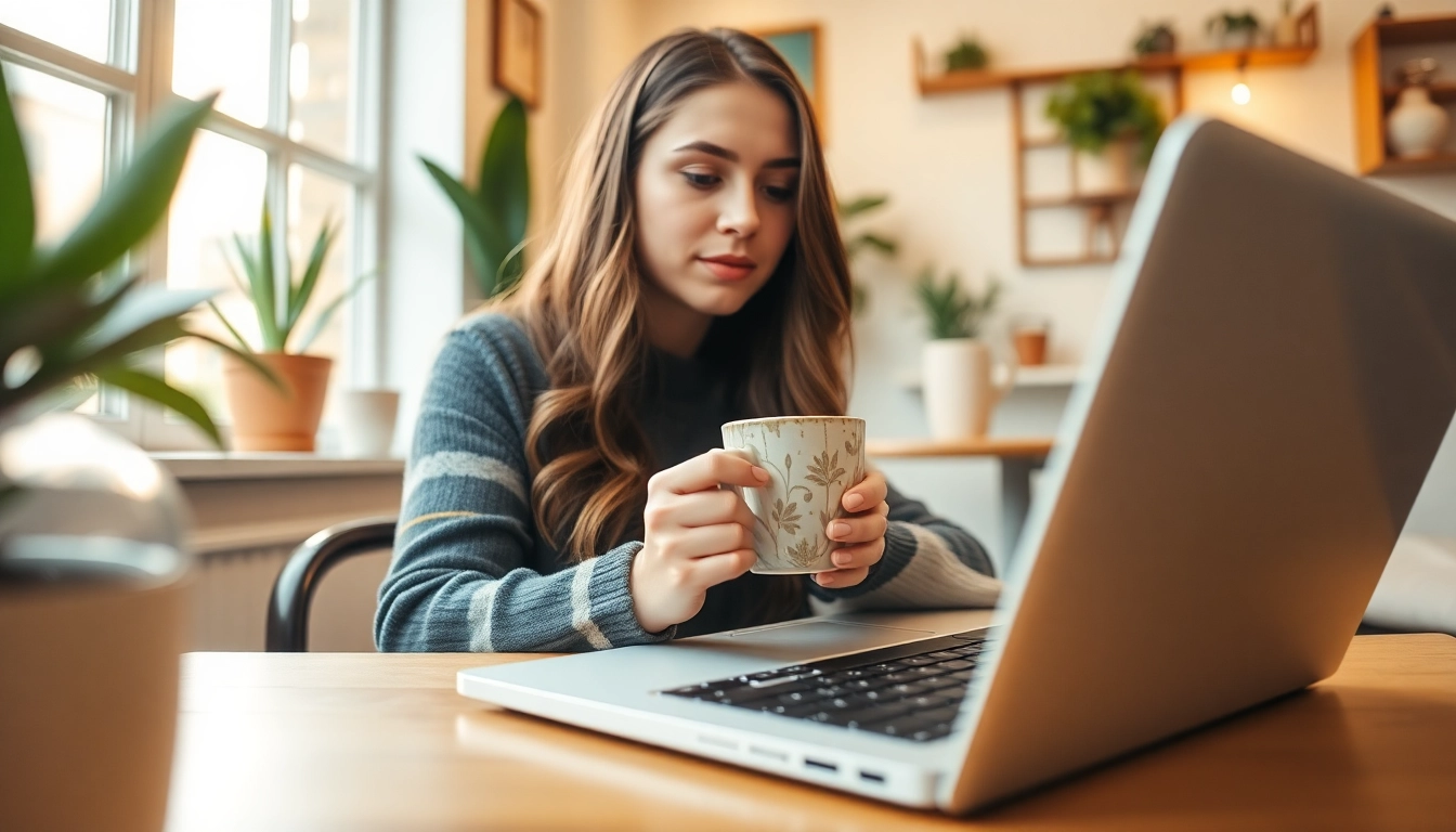 Engaging scene of a blogger working on a UK Lifestyle Blog in a cozy cafΓ© with tea and laptop.