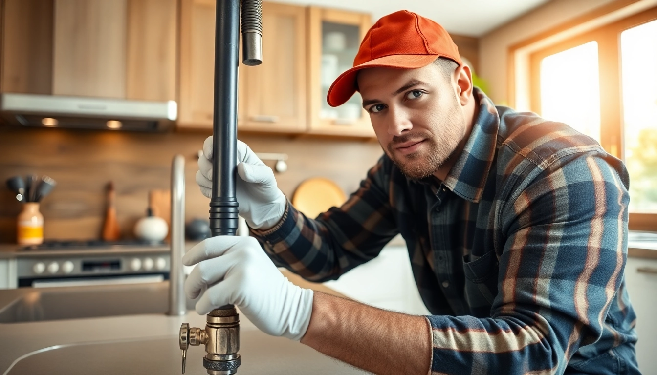 Plumber near me repairing a pipe in a modern kitchen, showcasing professional skills and tools.