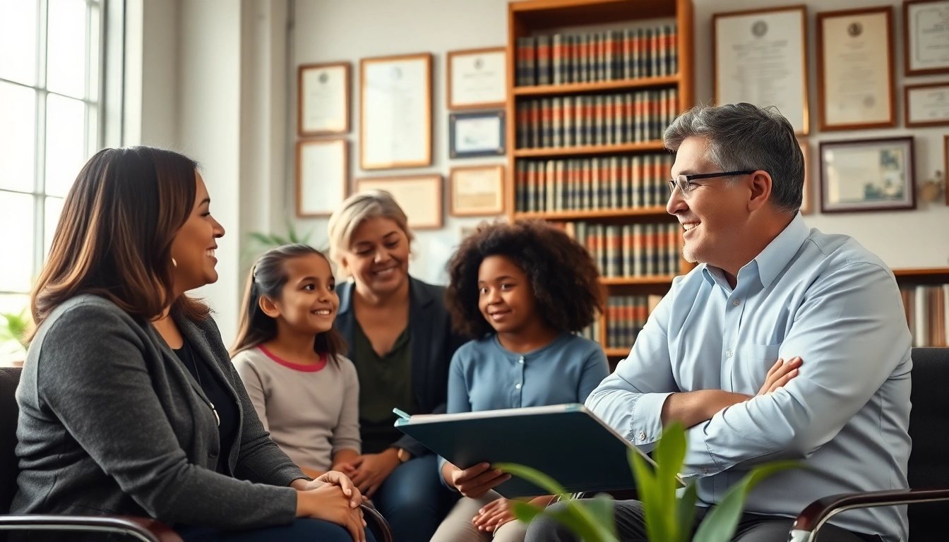 New Hampshire Immigration Attorney providing consultation to a diverse family in a welcoming office.