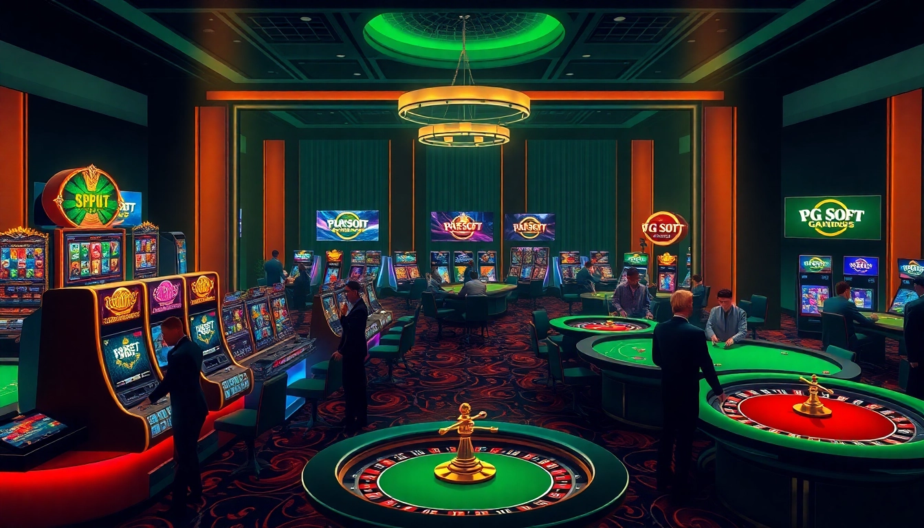 Experience the thrill of PG Soft gaming with vibrant slots and interactive tables in a luxurious casino.