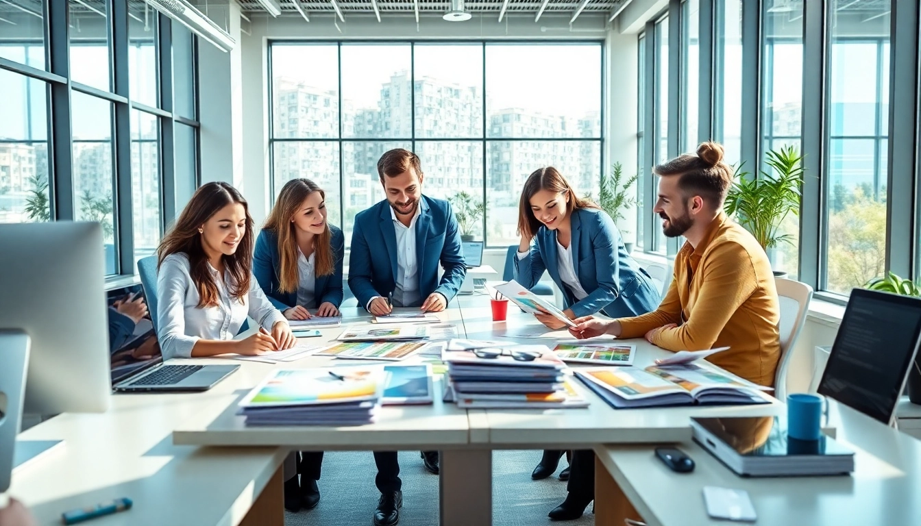 Direct mailing company team brainstorming in a bright, collaborative workspace.