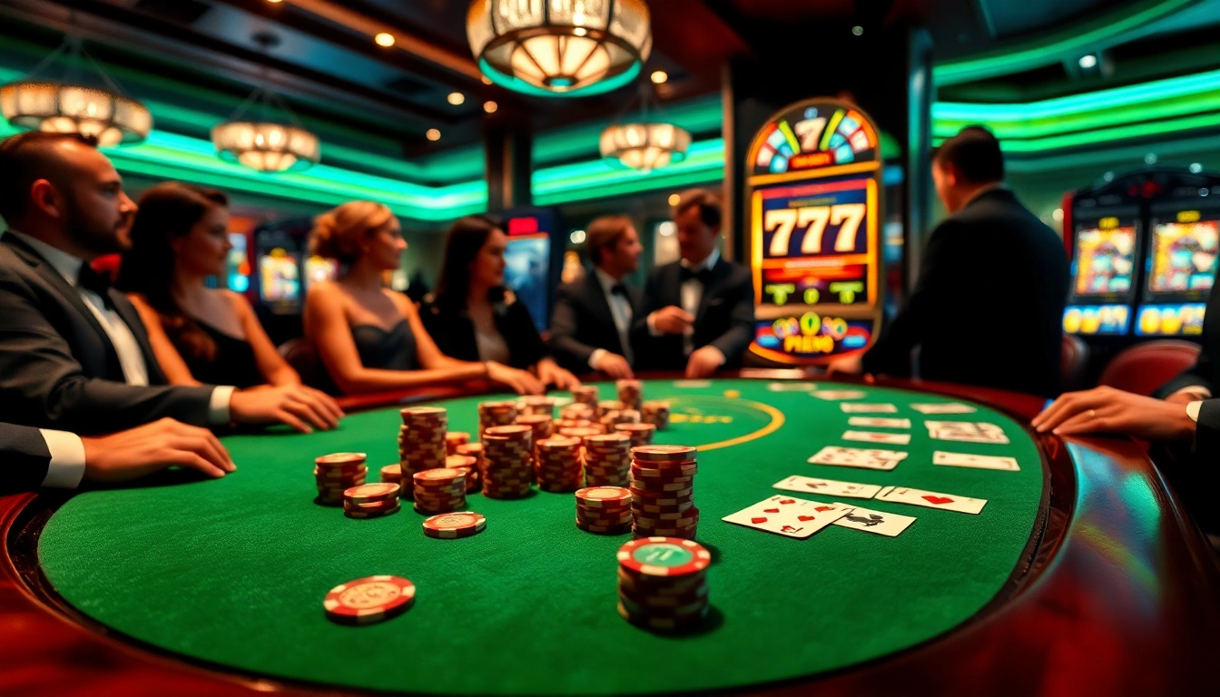 Gambling excitement around a poker table with vibrant chips and seven77 slot machine.