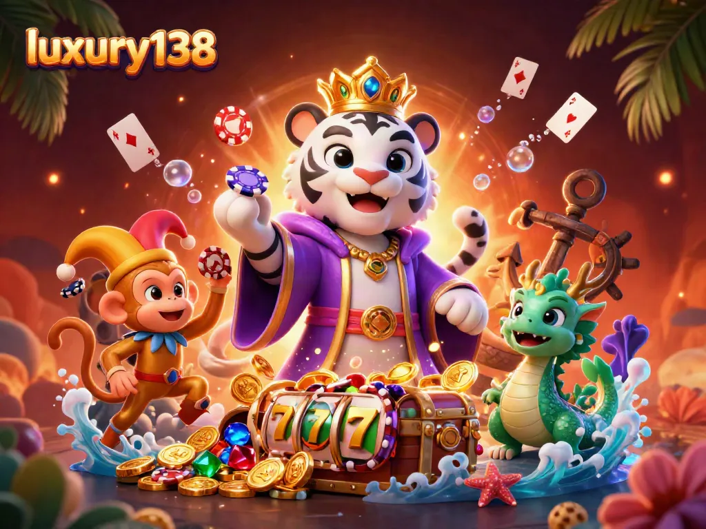Experience thrilling gameplay at luxury138 with lively characters in a vibrant casino scene.