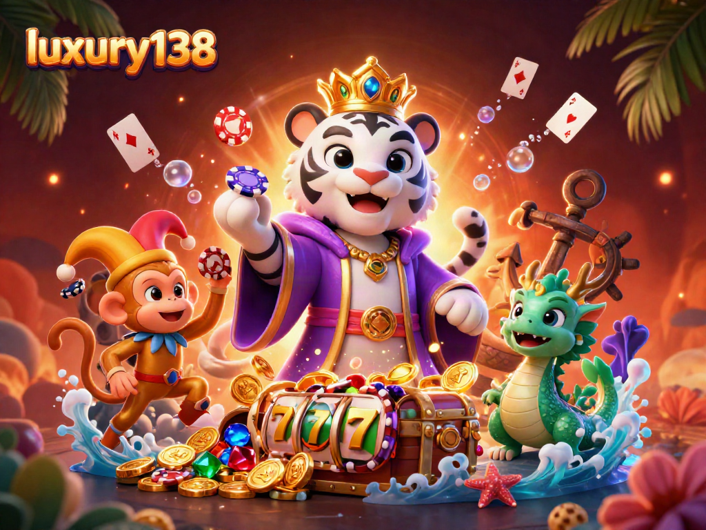 Experience thrilling gameplay at luxury138 with lively characters in a vibrant casino scene.