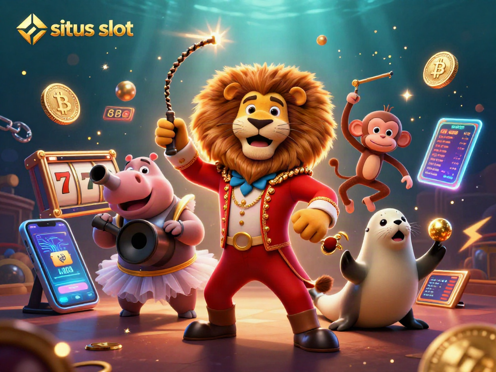 Engage with situs slot through a vibrant 3D illustration featuring circus characters and casino elements.